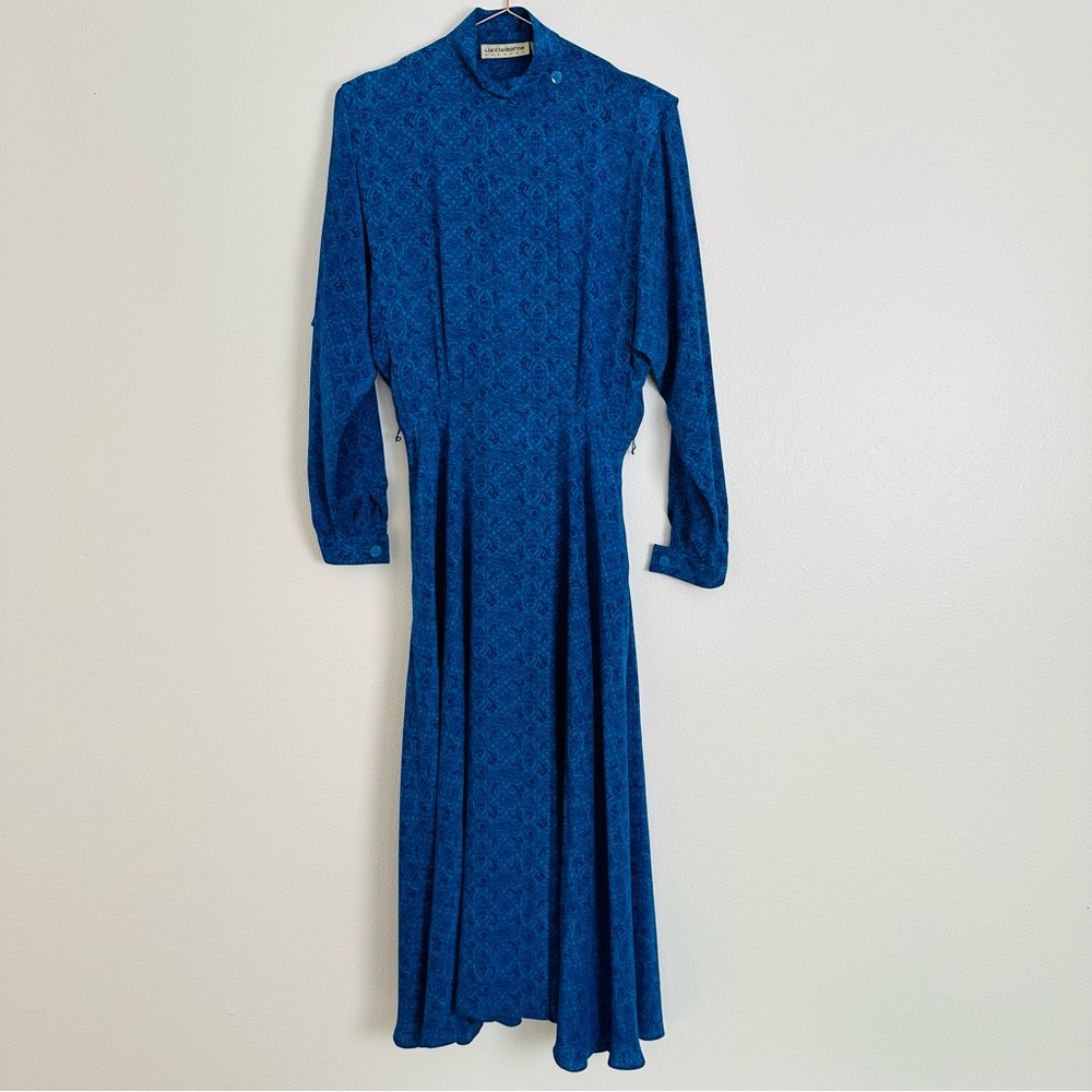 Vintage Liz Claiborne blue print long sleeve 100% silk midi dress - Picture 13 of 15